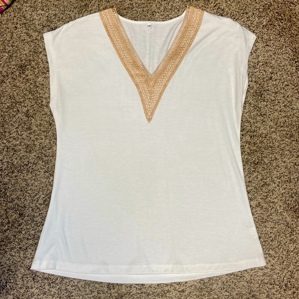 Adorable, Size Medium, White Cap Sleeved Top with Champagne Embroidery.